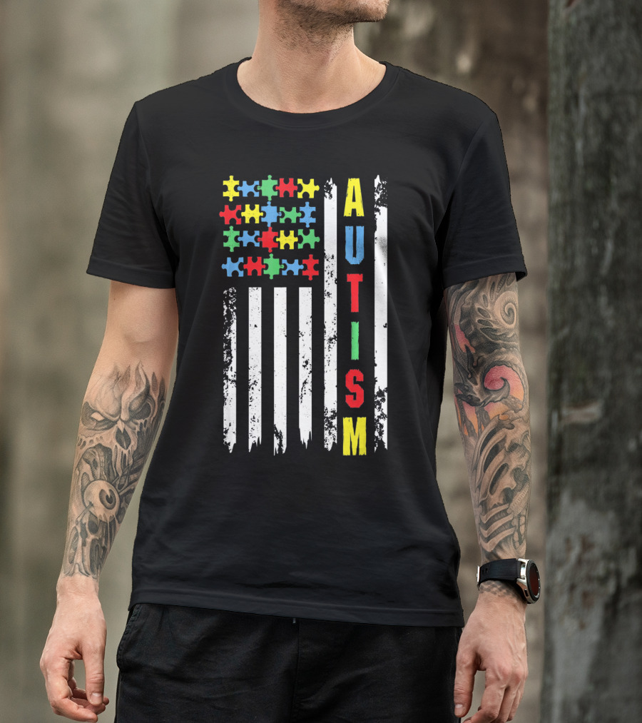 Autism Puzzle Piece Flag Fourth Of July Awareness T-Shirt
