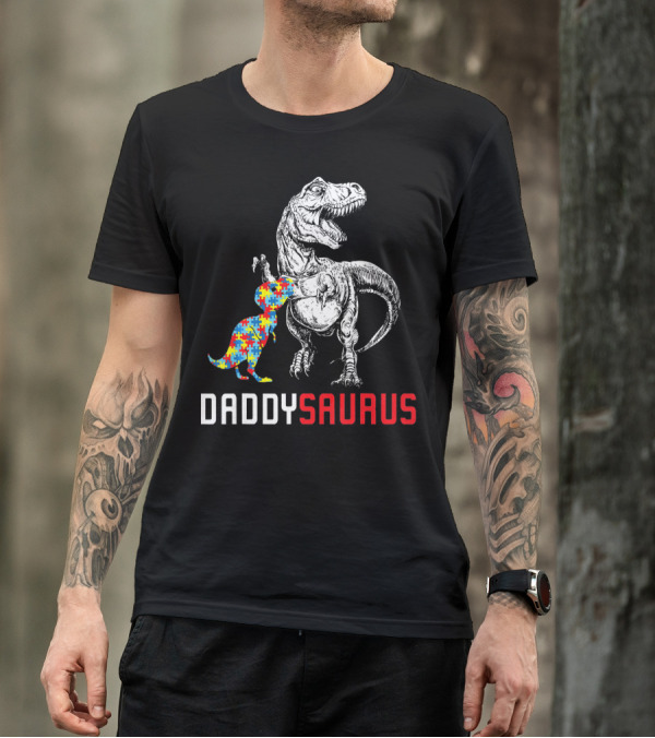 Daddysaurus Dinosaur With Colorful Puzzle Autism Awareness Dad T-Shirt