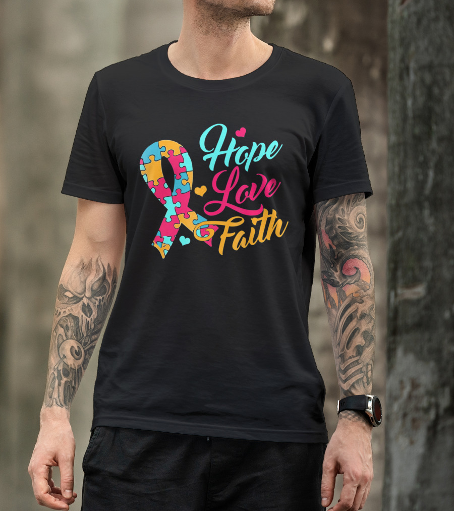 Hope Love Faith Autism Awareness Puzzle T-Shirt