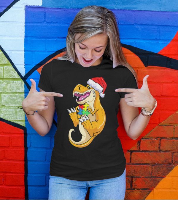 Christmas Autism Awareness Dinosaur Santa Hat Puzzle Pieces T-Shirt