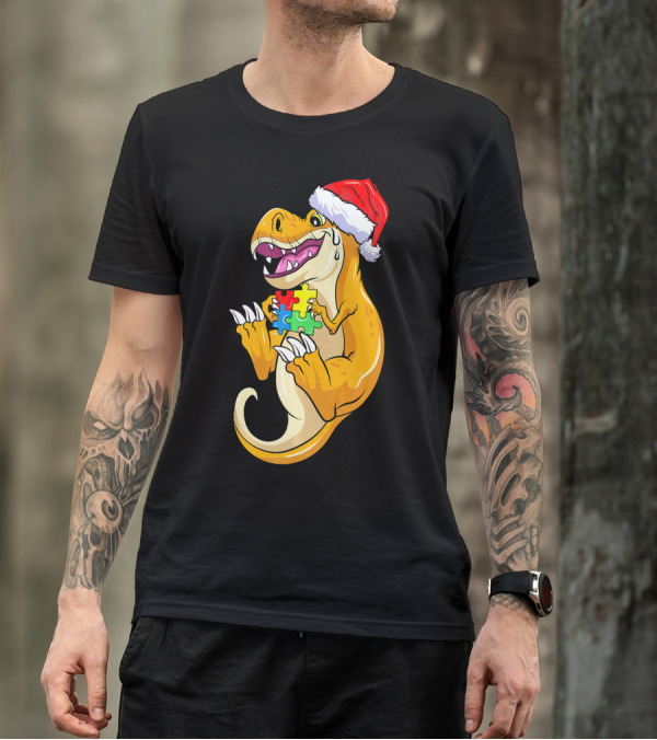 Christmas Autism Awareness Dinosaur Santa Hat Puzzle Pieces T-Shirt