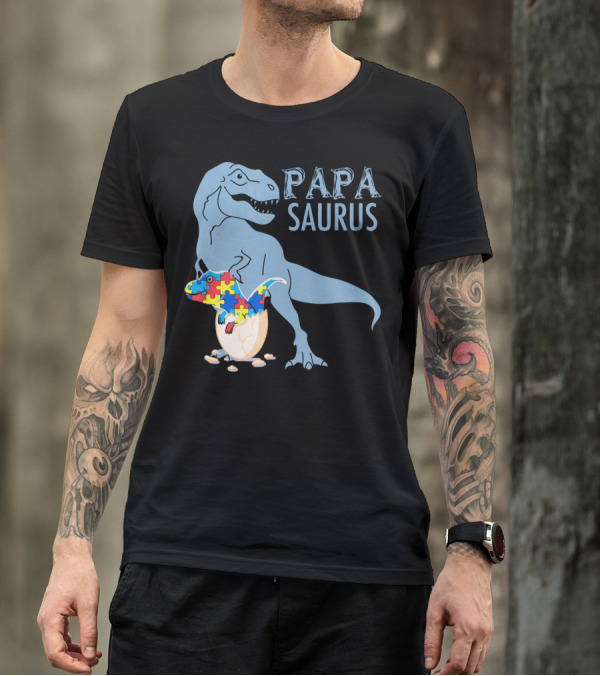 Papasaurus Autism Awareness Dinosaur Puzzle Pieces T-Shirt