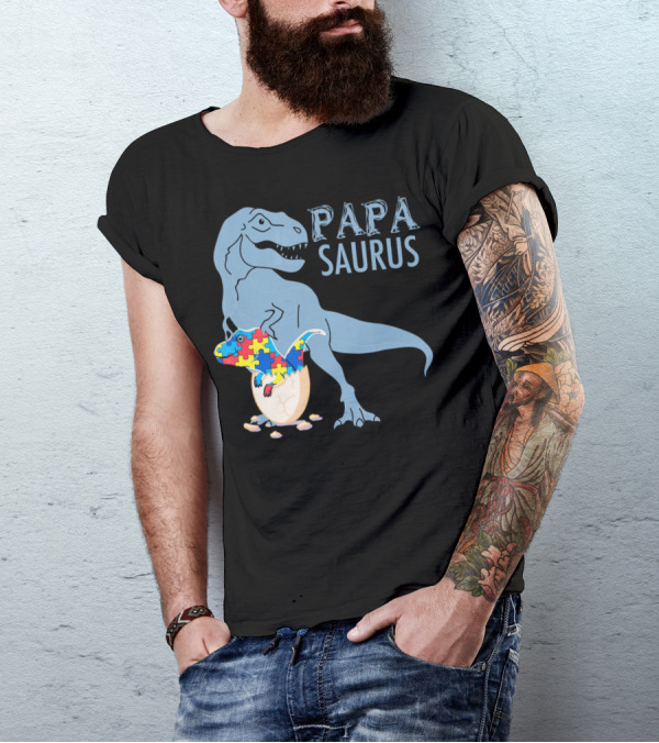 Papasaurus Autism Awareness Dinosaur Puzzle Pieces T-Shirt