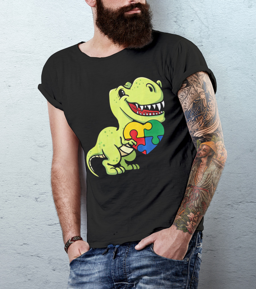 Autism Awareness Day Dinosaur T-Rex Holding Puzzle Heart T-Shirt