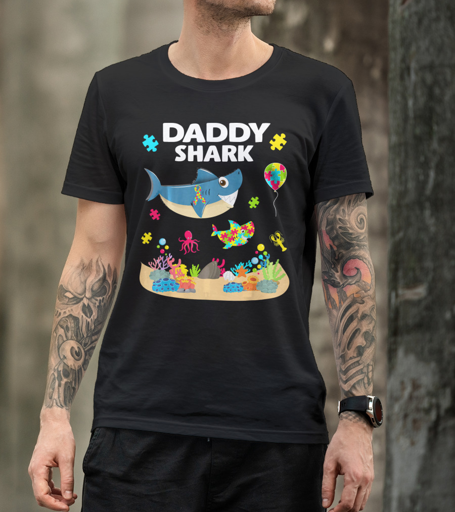 Daddy Shark Funny Autism Awareness Underwater Scene With Balloons And Puzzle Pieces T-Shirt