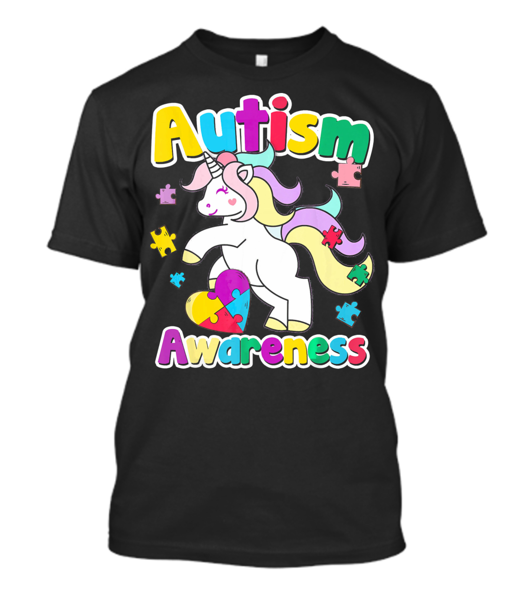 Autism Awareness Unicorn Puzzle Pieces Rainbow Heart T-Shirt
