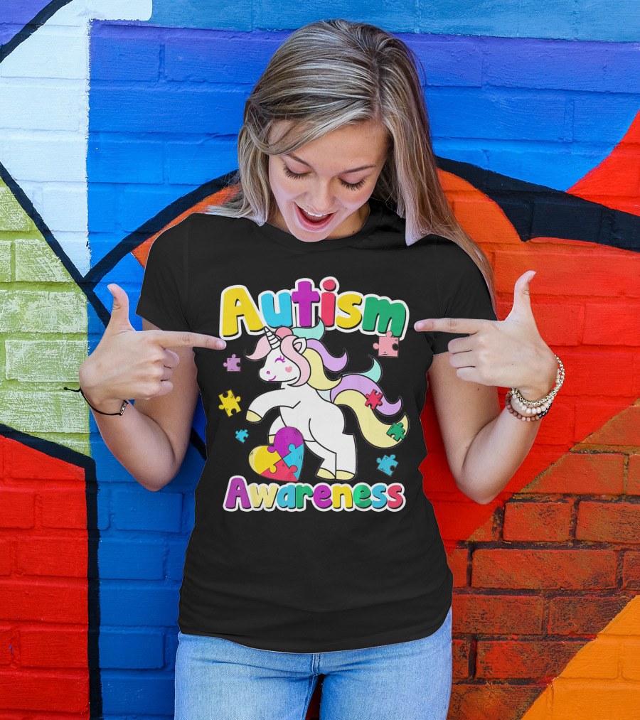Autism Awareness Unicorn Puzzle Pieces Rainbow Heart T-Shirt
