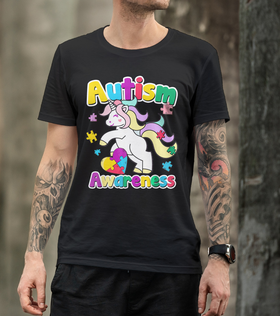 Autism Awareness Unicorn Puzzle Pieces Rainbow Heart T-Shirt
