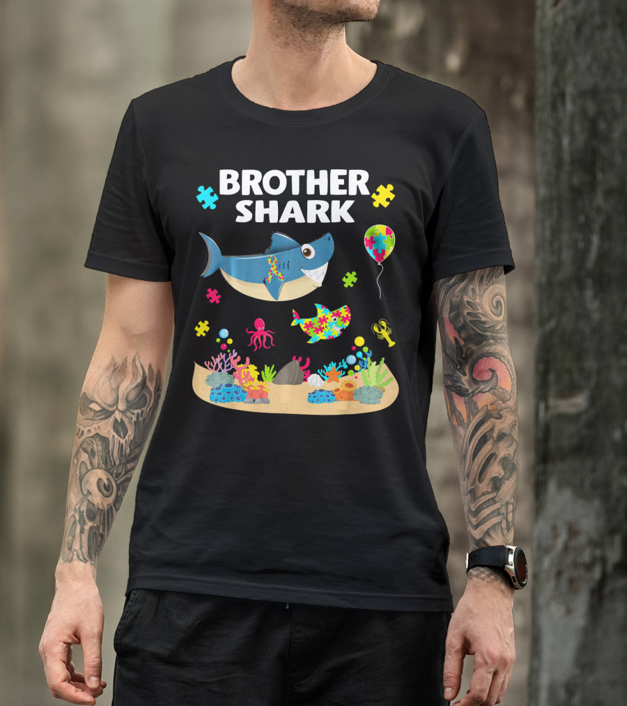 Brother Shark Autism Awareness Puzzle Underwater Scene T-Shirt