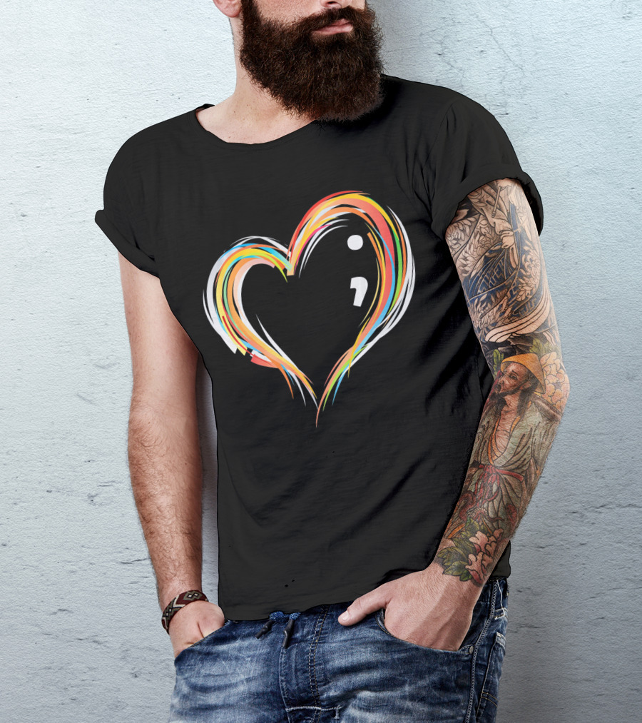 Heart Semicolon Rainbow Design For Mental Health Awareness T-Shirt