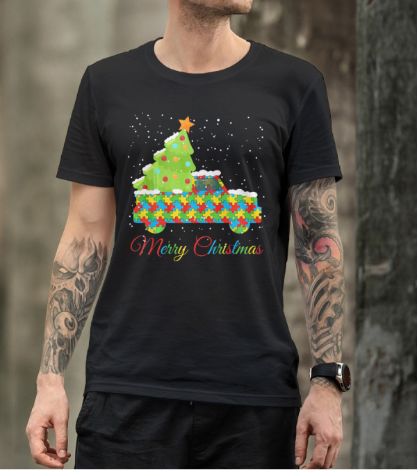 Merry Christmas Puzzle Truck Autism Awareness T-Shirt