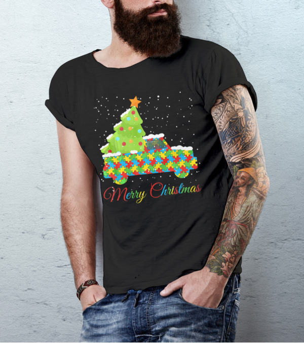 Merry Christmas Puzzle Truck Autism Awareness T-Shirt