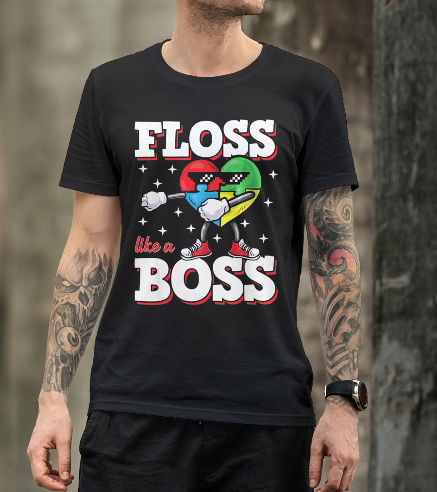 Floss Like A Boss Autism Awareness Heart With Cool Sunglasses T-Shirt