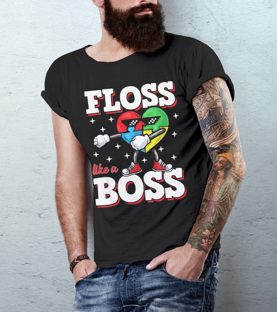 Floss Like A Boss Autism Awareness Heart With Cool Sunglasses T-Shirt