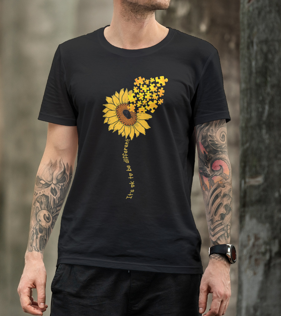 Love Sunflower Puzzle It's OK To Be Different Autism Awareness T-Shirt