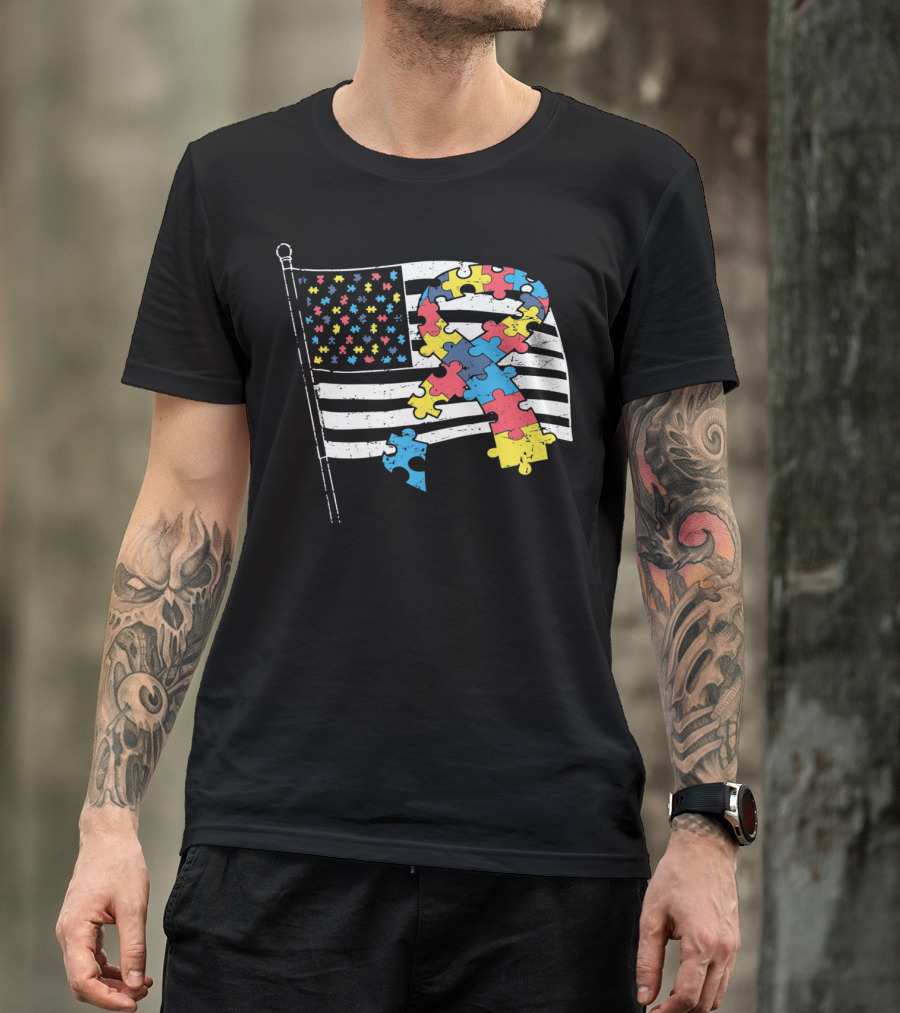 American Distressed Flag Puzzle Ribbon Autism Awareness T-Shirt