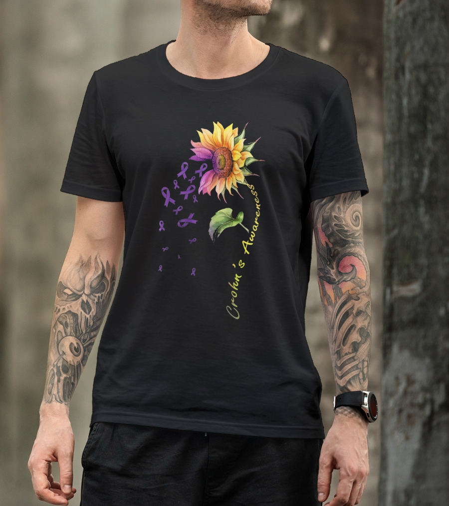 Crohn's Awareness Sunflower With Purple Ribbons T-Shirt