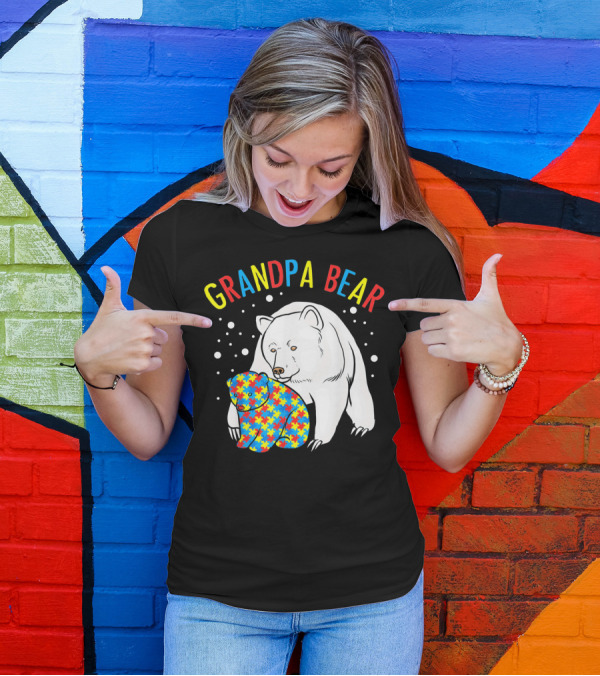 Grandpa Bear Mens Autism Awareness Puzzle Bear T-Shirt
