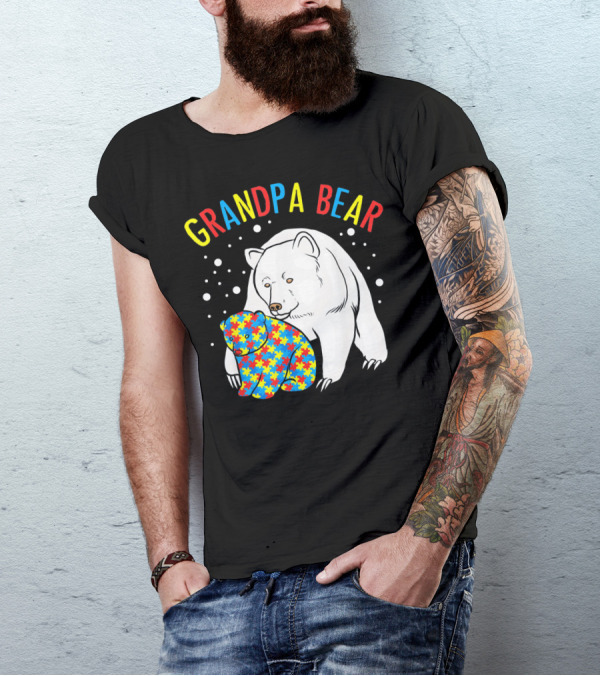 Grandpa Bear Mens Autism Awareness Puzzle Bear T-Shirt