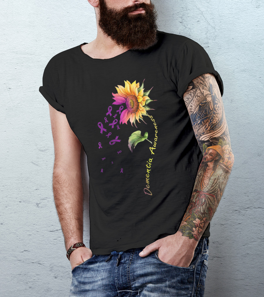 Dementia Awareness Sunflower With Purple Ribbons T-Shirt