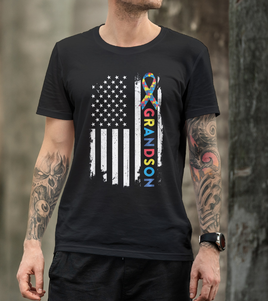 Autism Awareness American Flag Grandson Kids T-Shirt