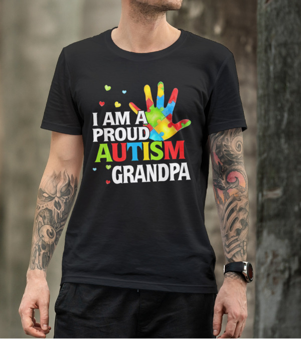 I Am A Proud Autism Grandpa Colorful Puzzle Hand Heart Accents T-Shirt