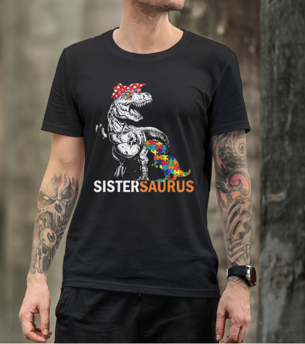 Sister Saurus Autism Awareness Dinosaur Puzzle Print T-Shirt