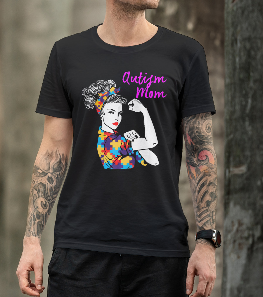 Autism Mom Awareness Iconic Rosie The Riveter Puzzle T-Shirt