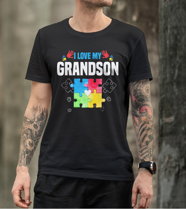 I Love My Grandson Autism Awareness Puzzle Pieces And Colorful Handprints T-Shirt