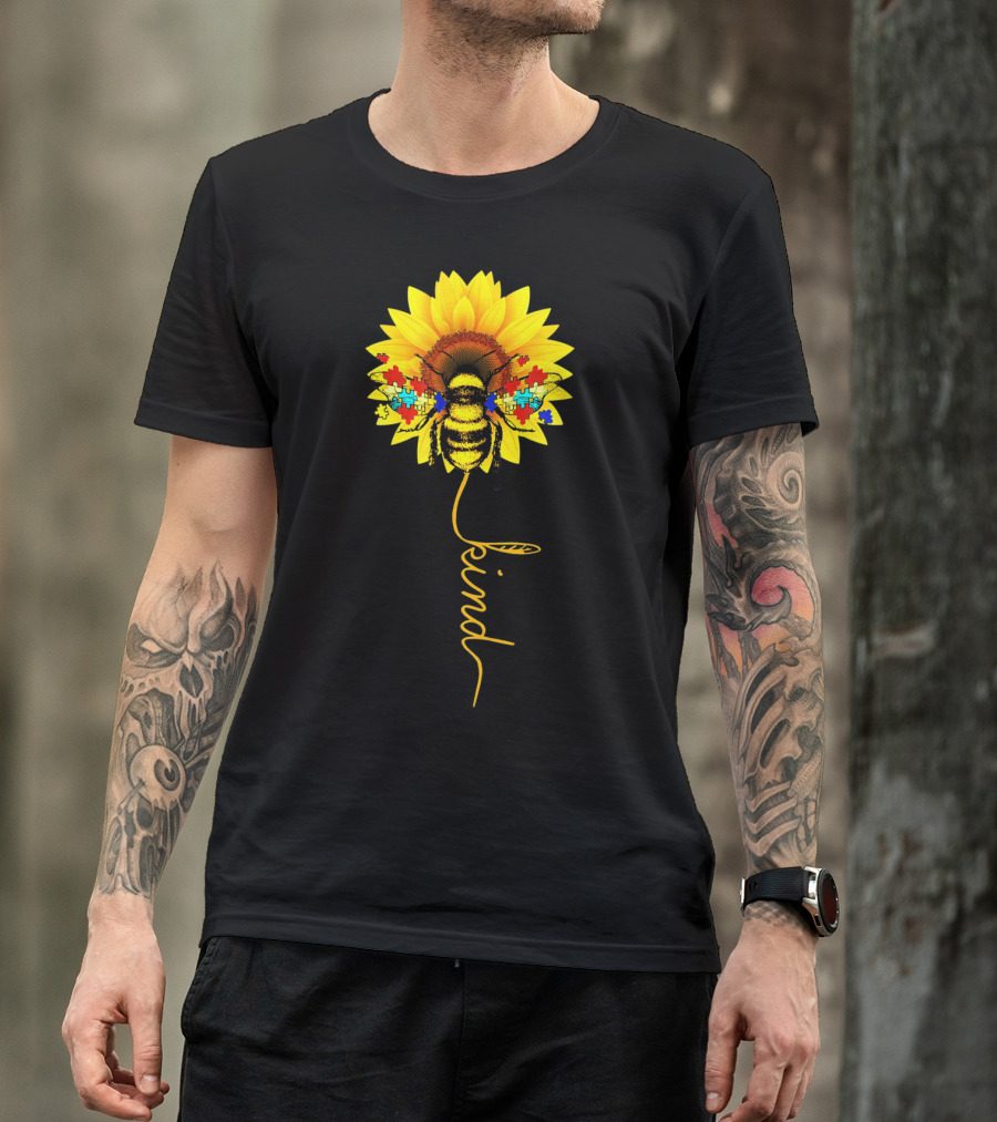 Bee Kind Autism Awareness Sunflower Puzzle T-Shirt