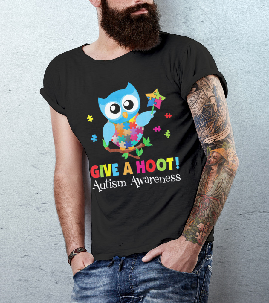 Give A Hoot Autism Awareness Owl Puzzle Pieces T-Shirt