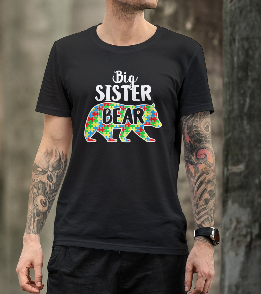 Big Sister Bear Autism Awareness Puzzle T-Shirt