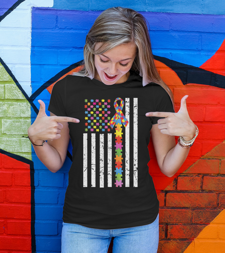 Autism Awareness US Flag Puzzle Ribbon T-Shirt