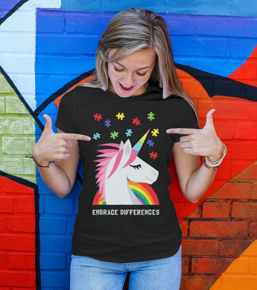 Embrace Differences Unicorn Rainbow Autism Awareness T-Shirt