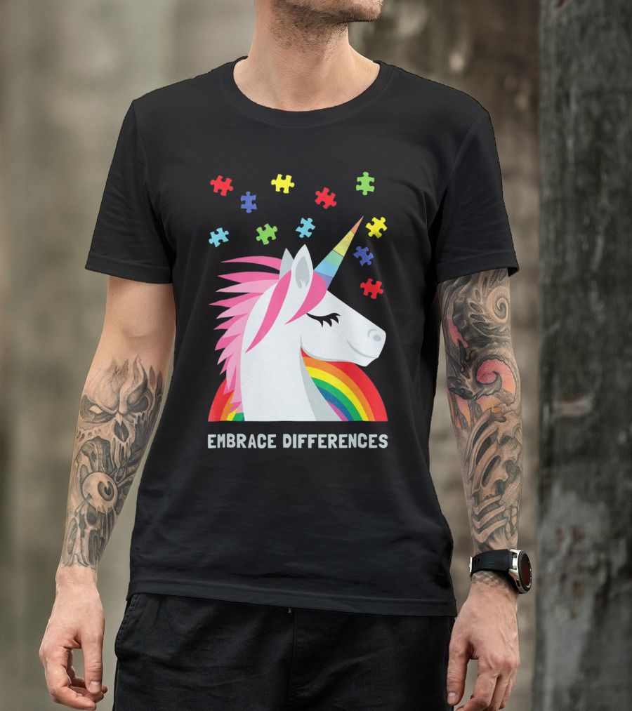 Embrace Differences Unicorn Rainbow Autism Awareness T-Shirt