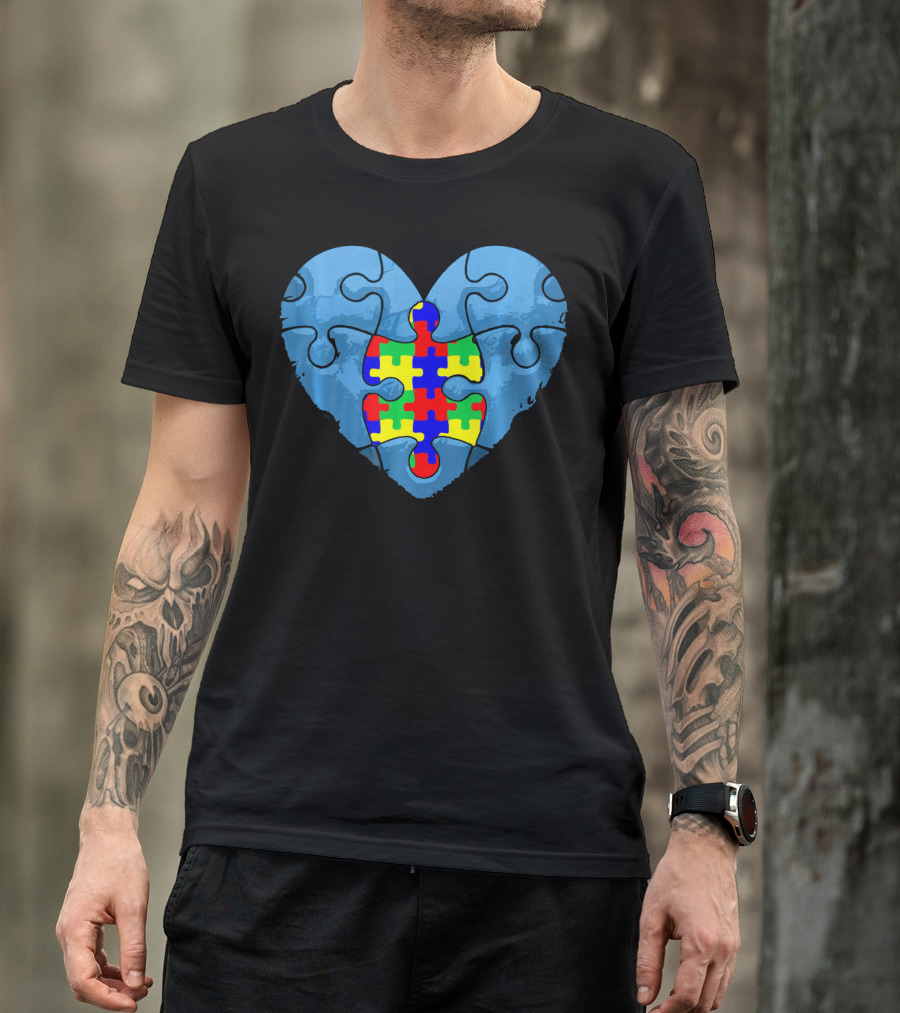 Love Doesn't Need Words Heart Puzzle Autism Awareness T-Shirt