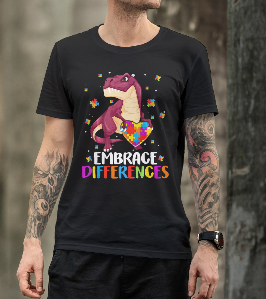 Embrace Differences Dinosaur Puzzle Pieces Autism Awareness T-Shirt
