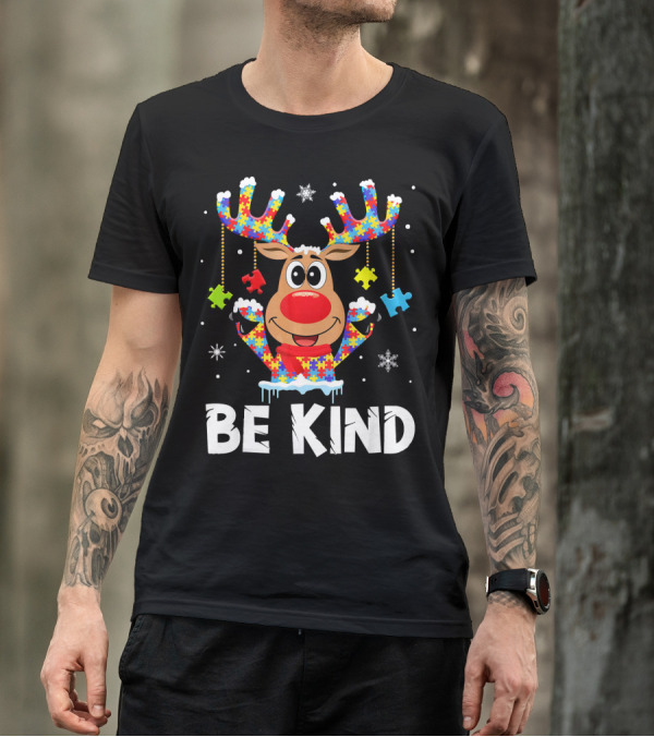 Be Kind Reindeer Puzzle Pieces Autism Awareness T-Shirt