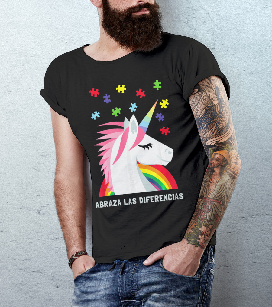 Abraza Las Diferencias Autism Awareness Spanish Unicorn Puzzle Pieces T-Shirt