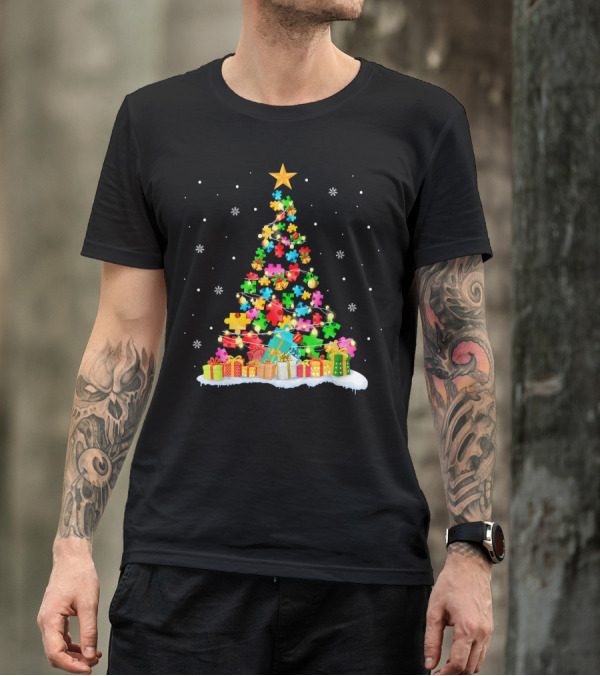 Autism Awareness Puzzle Piece Christmas Tree Holiday T-Shirt