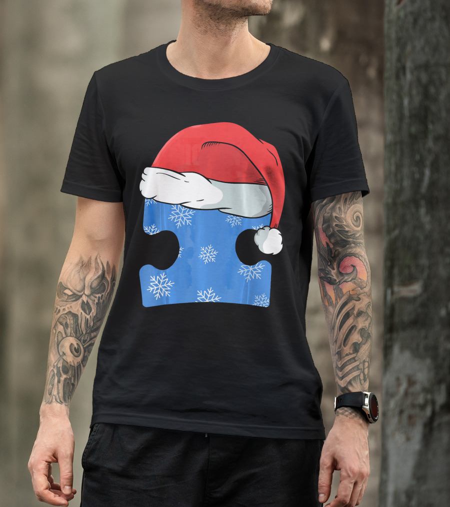 Autism Awareness Puzzle Piece Blue Snowflake Santa Hat T-Shirt