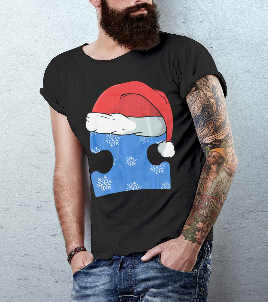 Autism Awareness Puzzle Piece Blue Snowflake Santa Hat T-Shirt