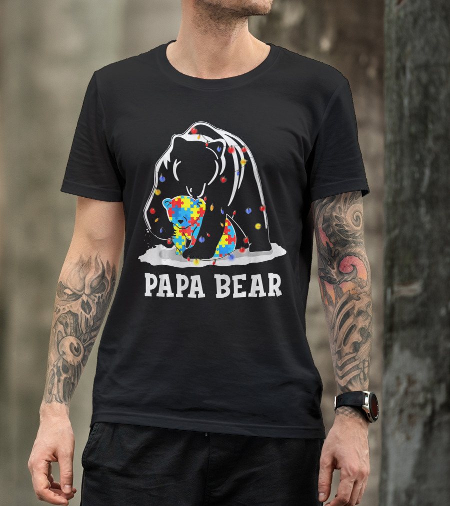 Papa Bear Puzzle Piece Autism Awareness Lights T-Shirt