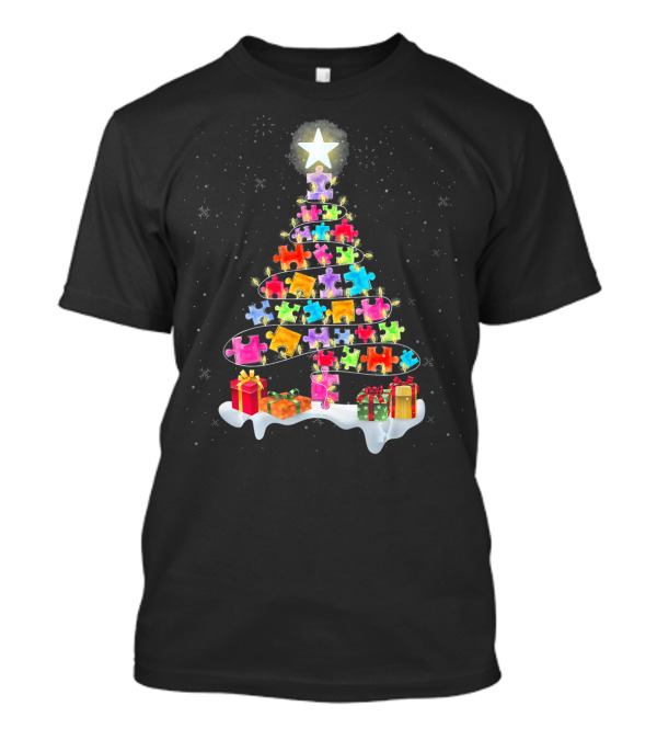 Autism Awareness Christmas Puzzle Piece Tree With Star And Gifts T-Shirt