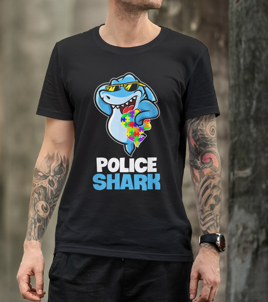 Police Shark Holding Autism Awareness Puzzle Heart T-Shirt