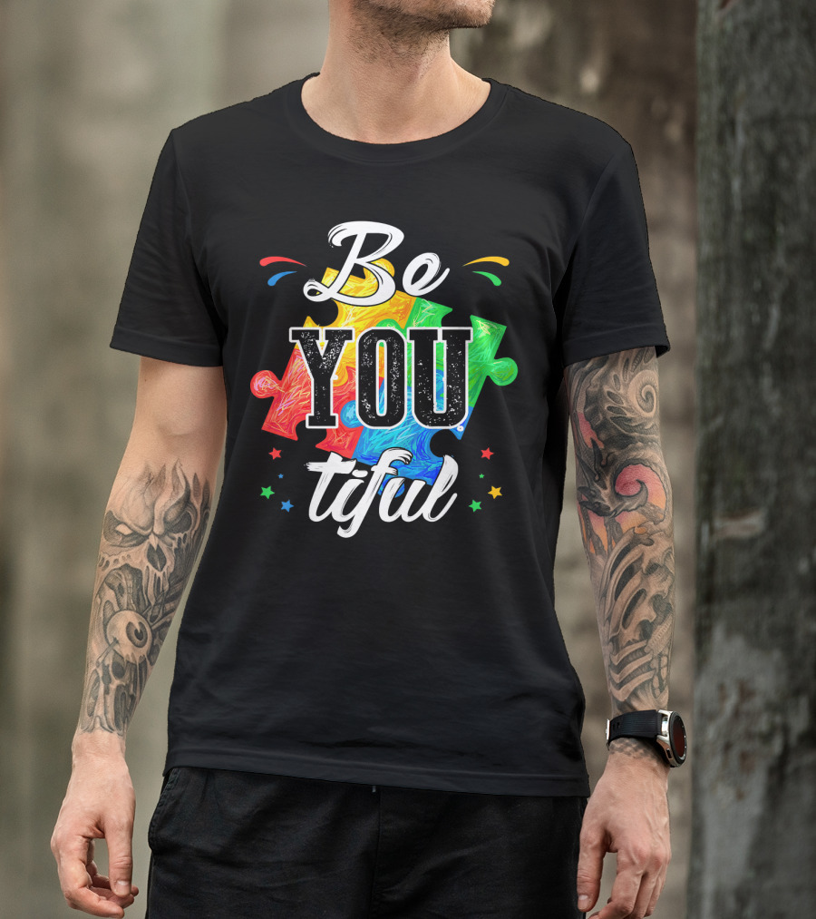 Be You Tiful Autism Awareness Colorful Puzzle Pieces With Stars T-Shirt
