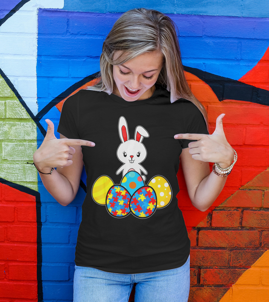 Easter Bunny With Autism Awareness Puzzle Pattern Eggs T-Shirt