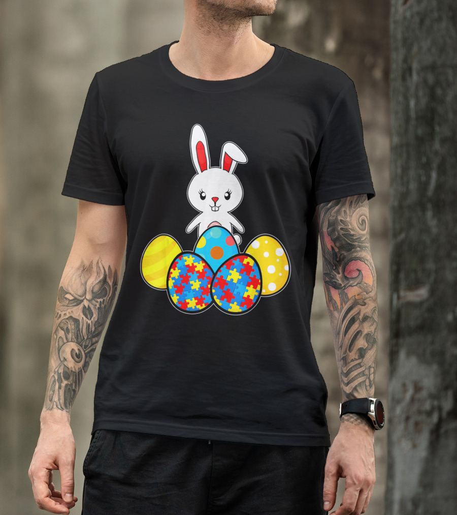 Easter Bunny With Autism Awareness Puzzle Pattern Eggs T-Shirt