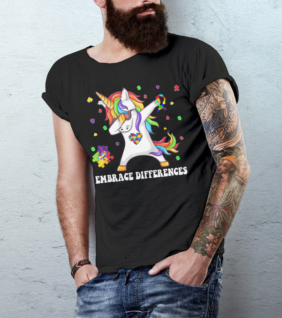 Embrace Differences Unicorn Autism Aware Puzzle Pieces T-Shirt