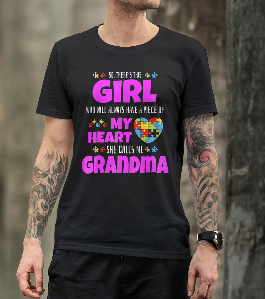 Autism Awareness Puzzle Heart Girl Grandma Love T-Shirt